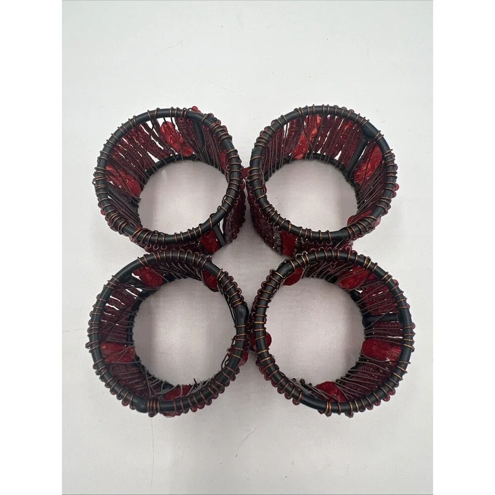 Pier 1 Napkin Rings Jeweled Tone Christmas Valentines Moroccan Red Beaded Set 4